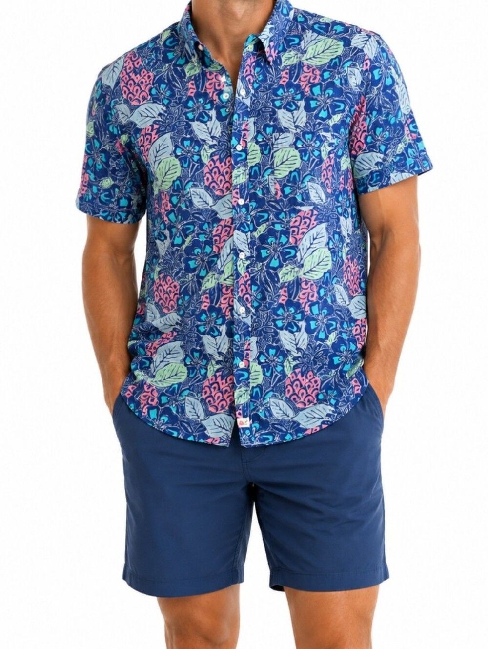 Vineyard Vines Navy Floral Pineapple Print Classic Fit Murray Shirt - Size XL